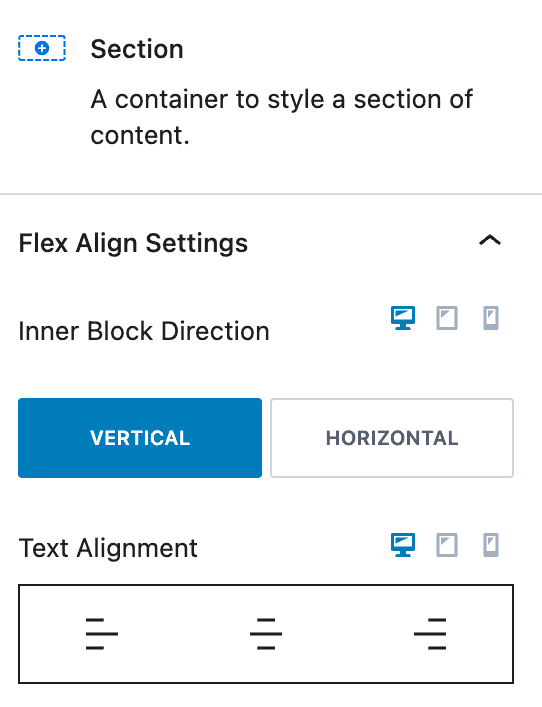 kadence section flex align settings