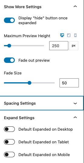 kadence show more block settings