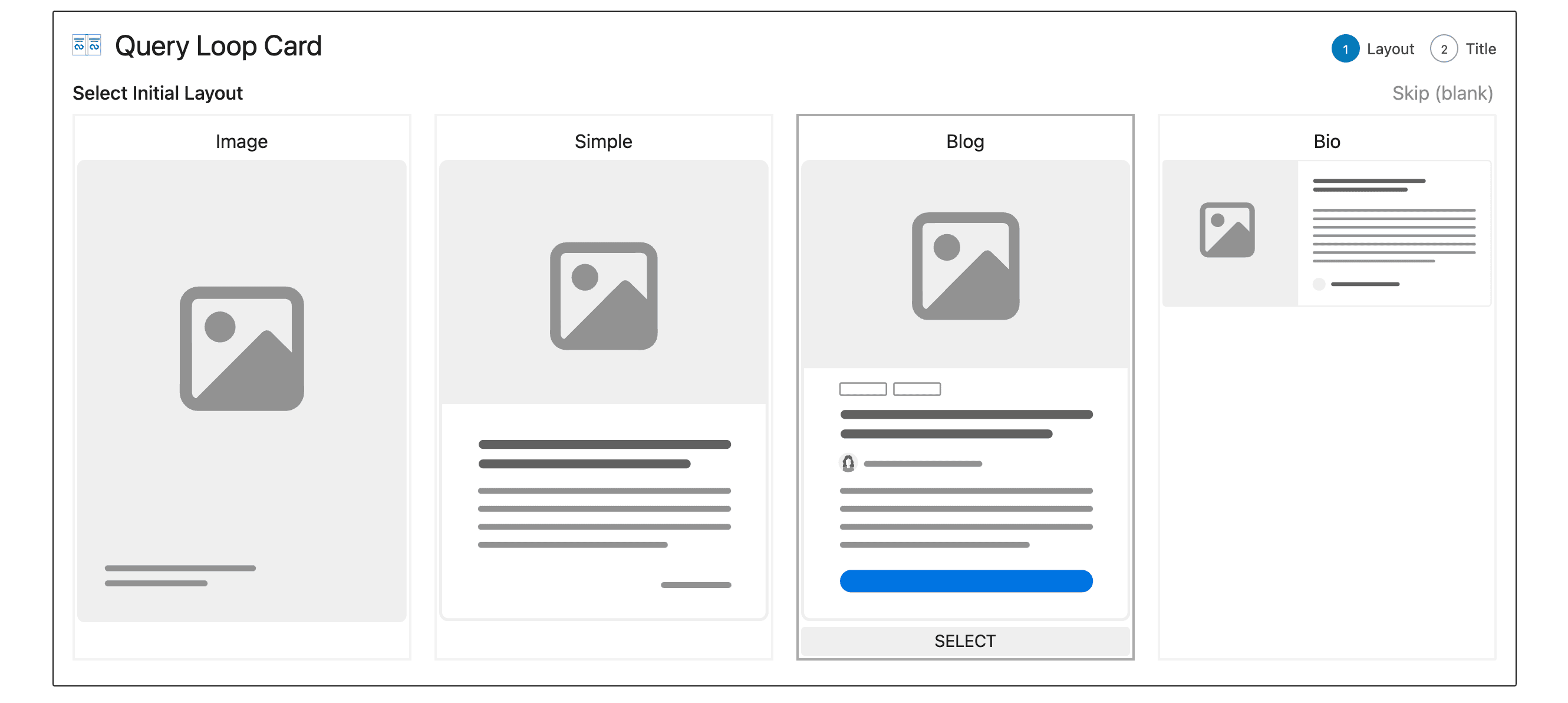 Query card onboarding flow showing different template options