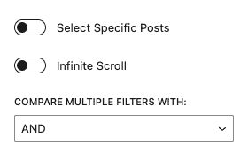 Kadence Blocks options showing toggle options to "Select Specific Posts" and "Infinite Scroll"