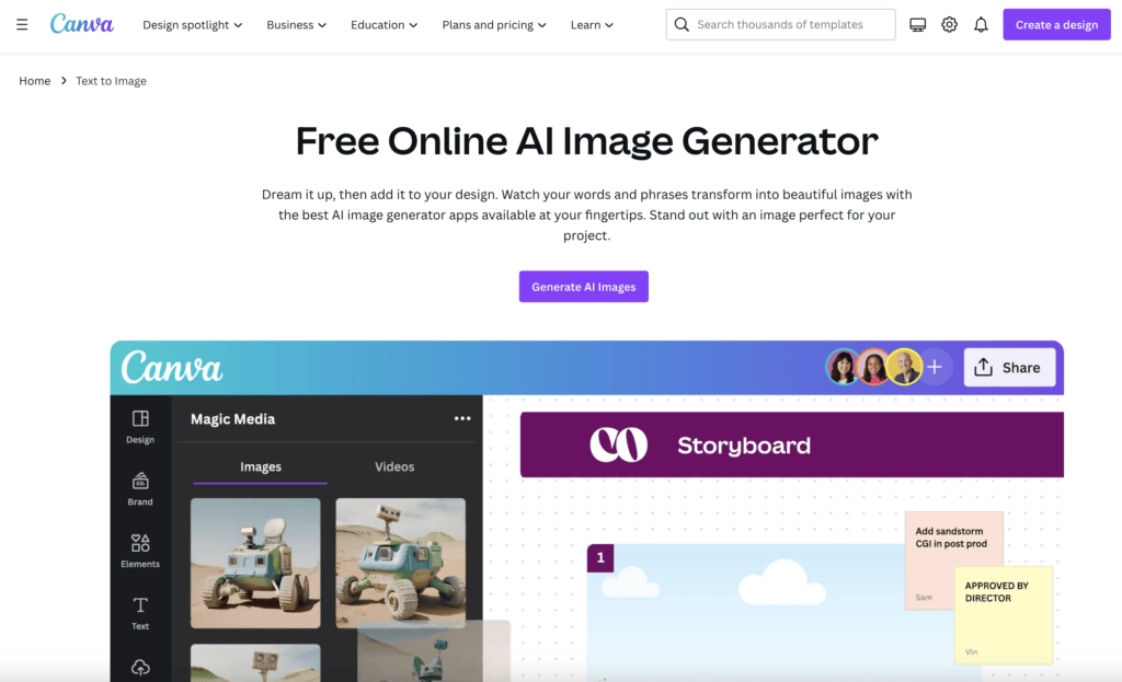 Canva AI image generator homepage