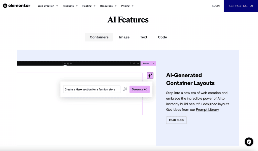 Elementor ai features list: container, image, text, and code