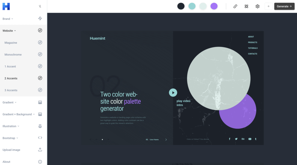Huemint user interface and example website with four colors