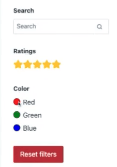Screenshot of product filter options possible with Kadence Blocks Pro: Search, Ratings, Color Swatch
