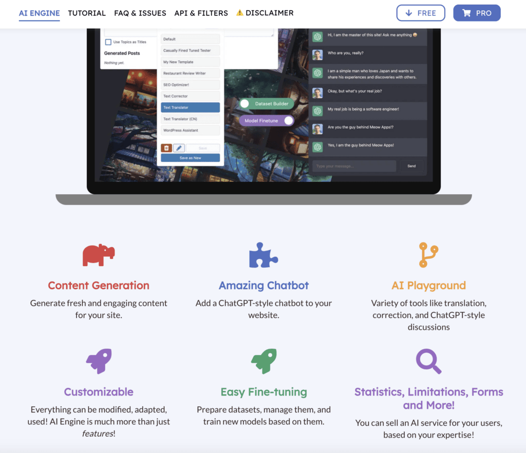 ai engine feature list: content generation; amazing chatbot; ai playground; customizable; easy fine tuning; statistics limitations, forms, and more