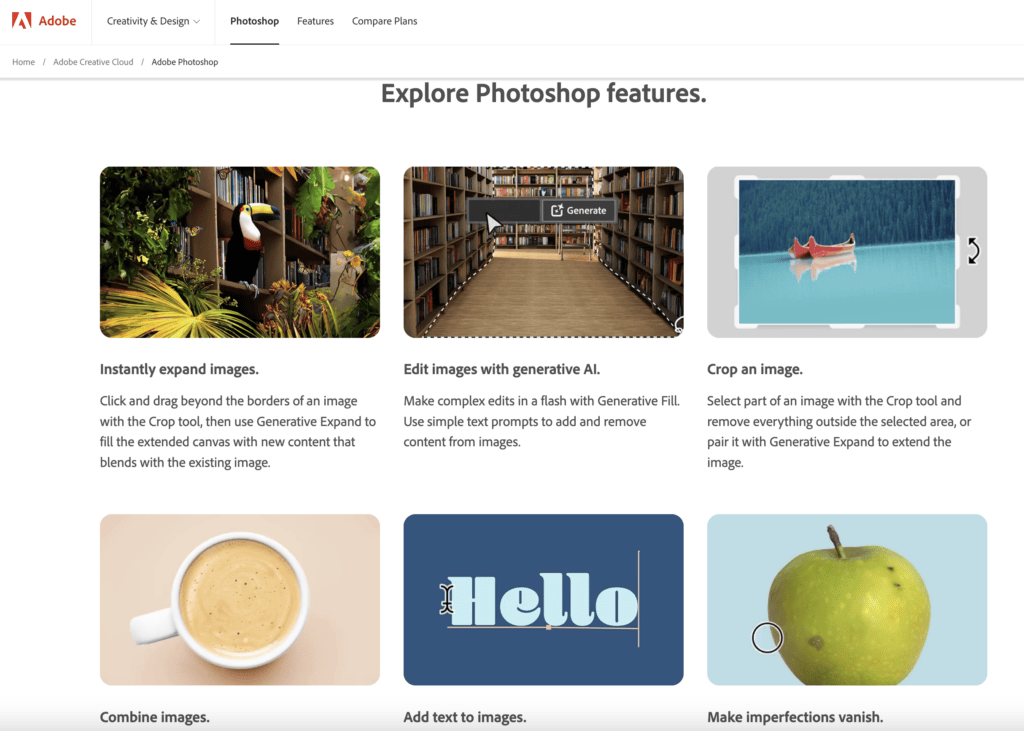 photoshop feature list: instantly expand images, edit images with generative ai, crop an image, combine images, add text to images, make imperfections vanish 