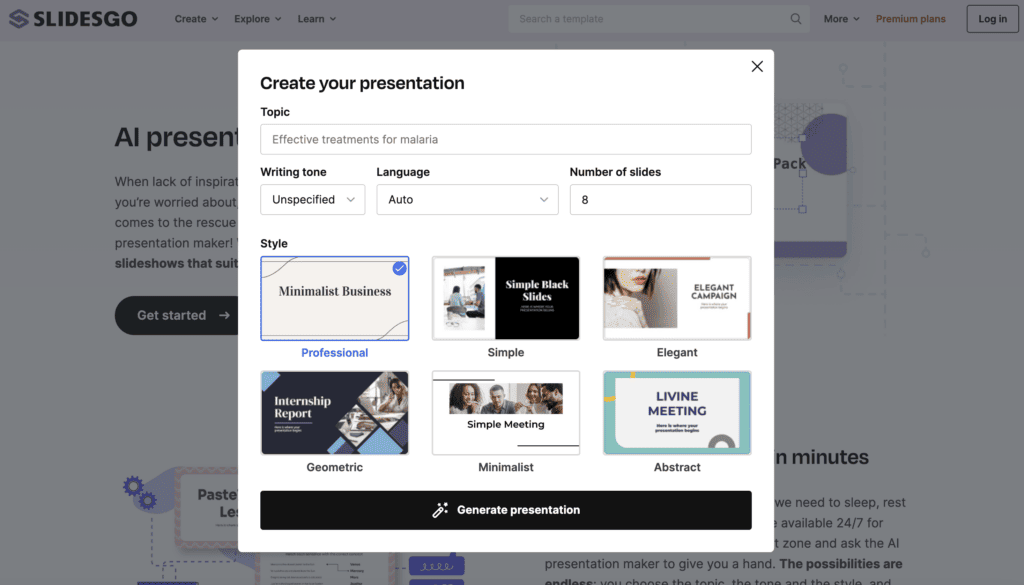 slidesgo homepage for creating a presentation 