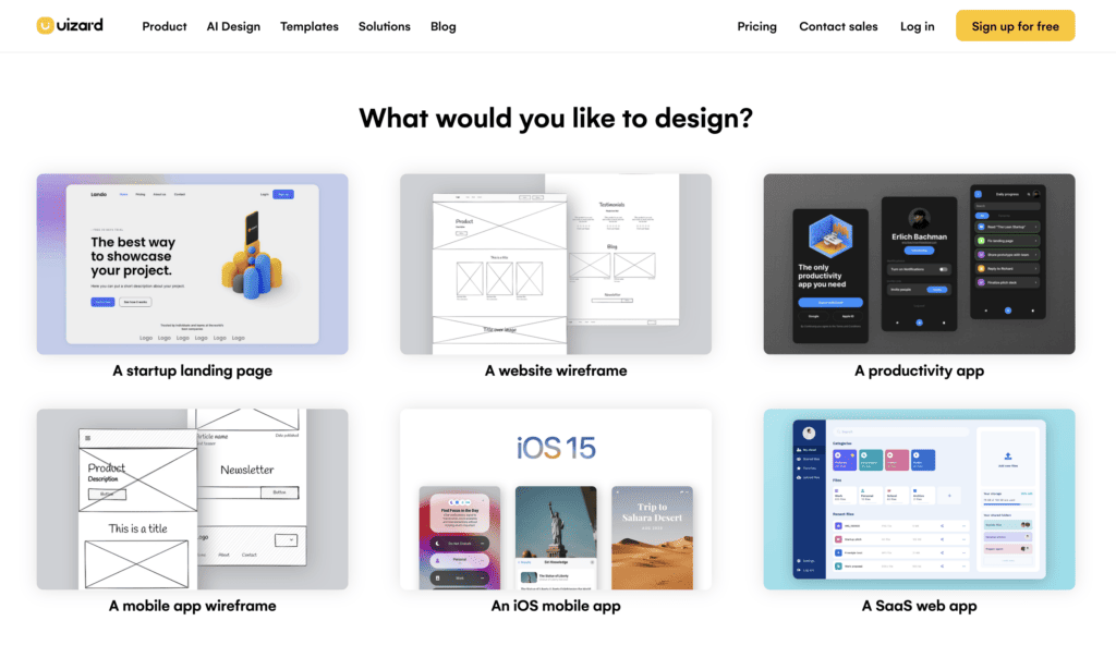 Uizard homepage with project options: a startup landing page, a website wireframe, a productivity app, a mobile app wireframe, an ios mobile app, a saas web app
