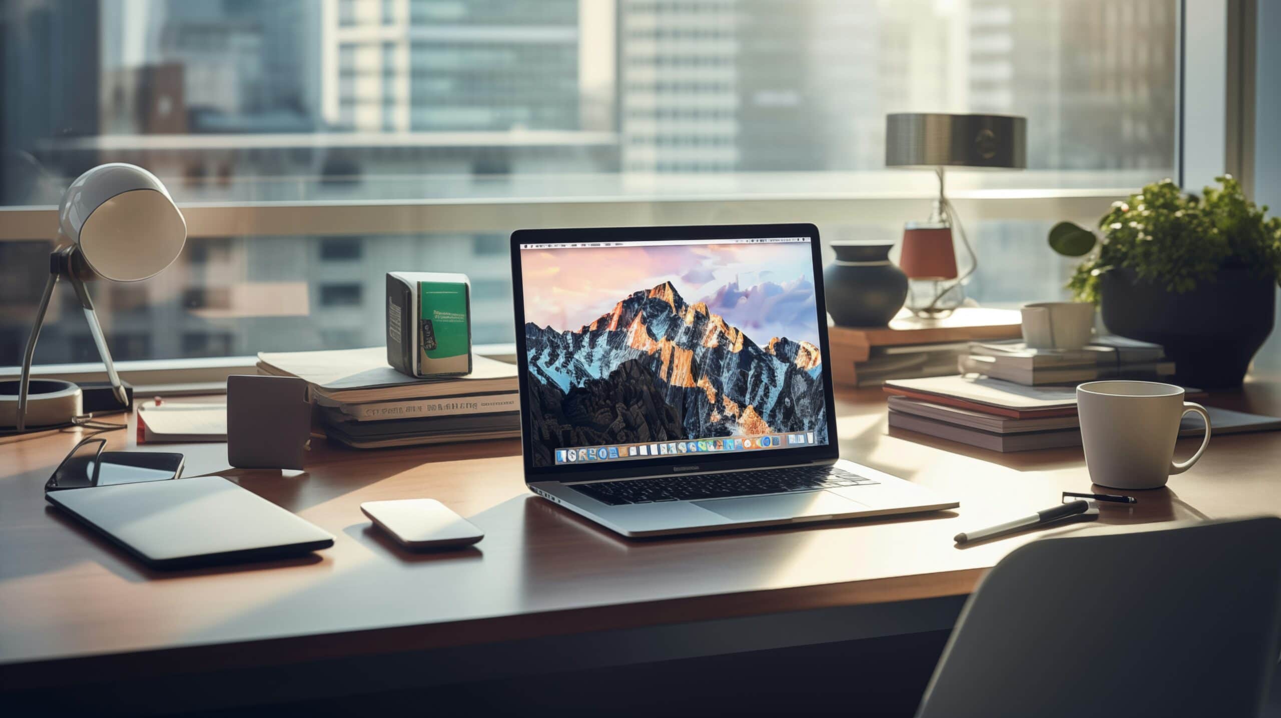 laptop showing mountains on screen on a desk