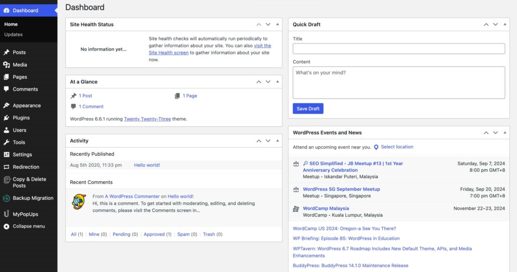 WordPress dashboard