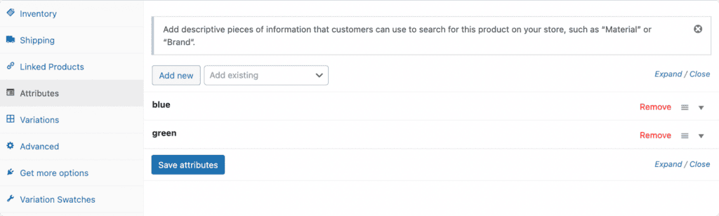 Product attributes for color