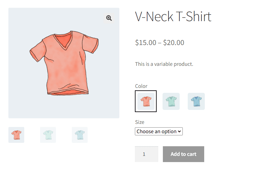 A WooCommerce product page after variation display customization.
