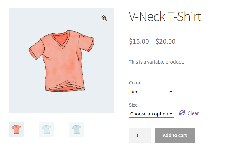 A WooCommerce product page before variation display customization.