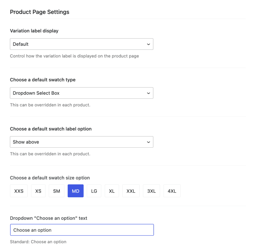 Product page settings